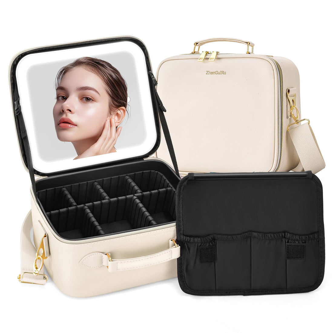 Makeup Bag with LED Mirror, Travel Cosmetic Train Case Organizer, Portable Artist Makeup Train Case with Adjustable DIY Dividers, Toiletry Makeup Brushes Storage Case White