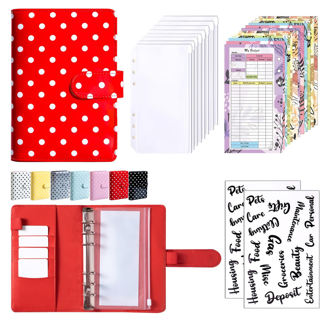 A5 Budgeting money saving binder waterproof Large Kit 6- includes(12 A5 transparent pockets + budgeting sheets + stickers + labels) Retro polka dots red