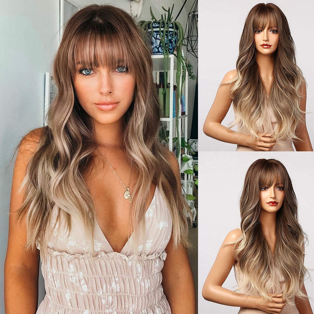 ECIF Brown Wig With Fringe - Long Wavy Ombre Wigs For Women, Light Ash Brown Synthetic Heat Resistant Hair, Natural Looking Animal Styles - Realistic Sweet Wigs