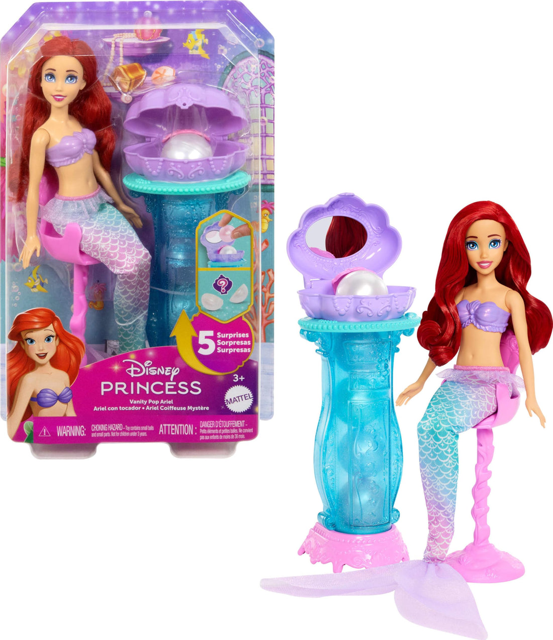 Mattel Disney Princess Toys, Mermaid Arielle Fashion Doll with Removable Tail Fin, Dressing Table with 5 Repeatable Pop-Up Surprises and 5 Accessories, JBF86