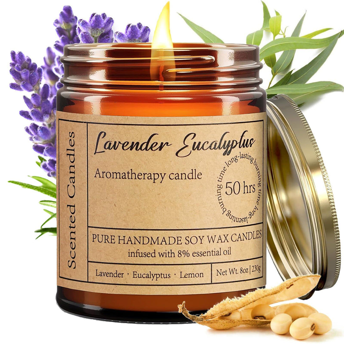 Lavender Eucalyptus Candles for Home Scented - 50h Soy Aromatherapy Candle Long Burning Candles for Women