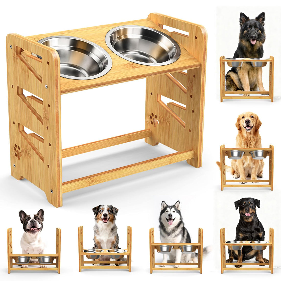 Elevated Dog Bowls, Adjustable Raised Dog Bowl Stand with 2 Stainless Steel Bowls for Large Dogs and Cats, Sturdy Bamboo Pet Food Feeder, 6 Adjustment Heights, Natural