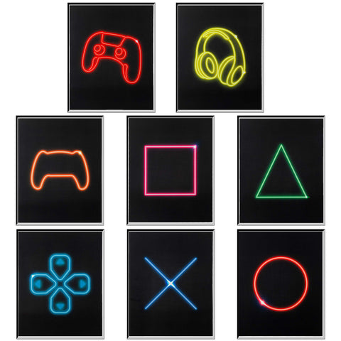 R horse 8pcs game neon poster wall decor minimalist video game room decor neon gamer wall art gamer button art decor gaming posters modern ps4 wall art for teen boys & girls, unframed
