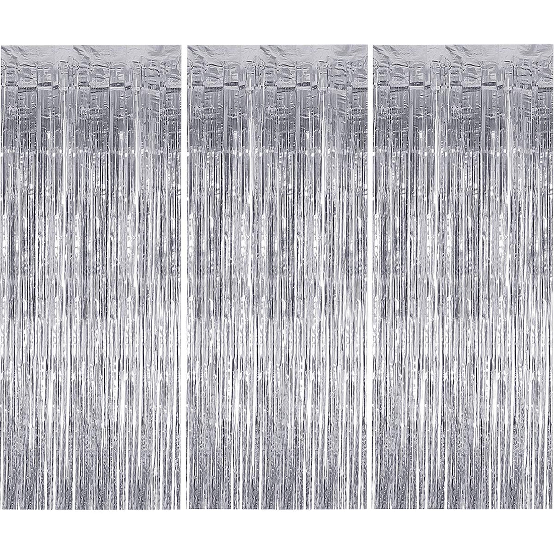 Portal Generic 3 Pack Metallic Tinsel Curtains, Foil Fringe Shimmer Curtain Party Tinsel Backdrop for Wedding Birthday Party Door Windows Decorations-Silver