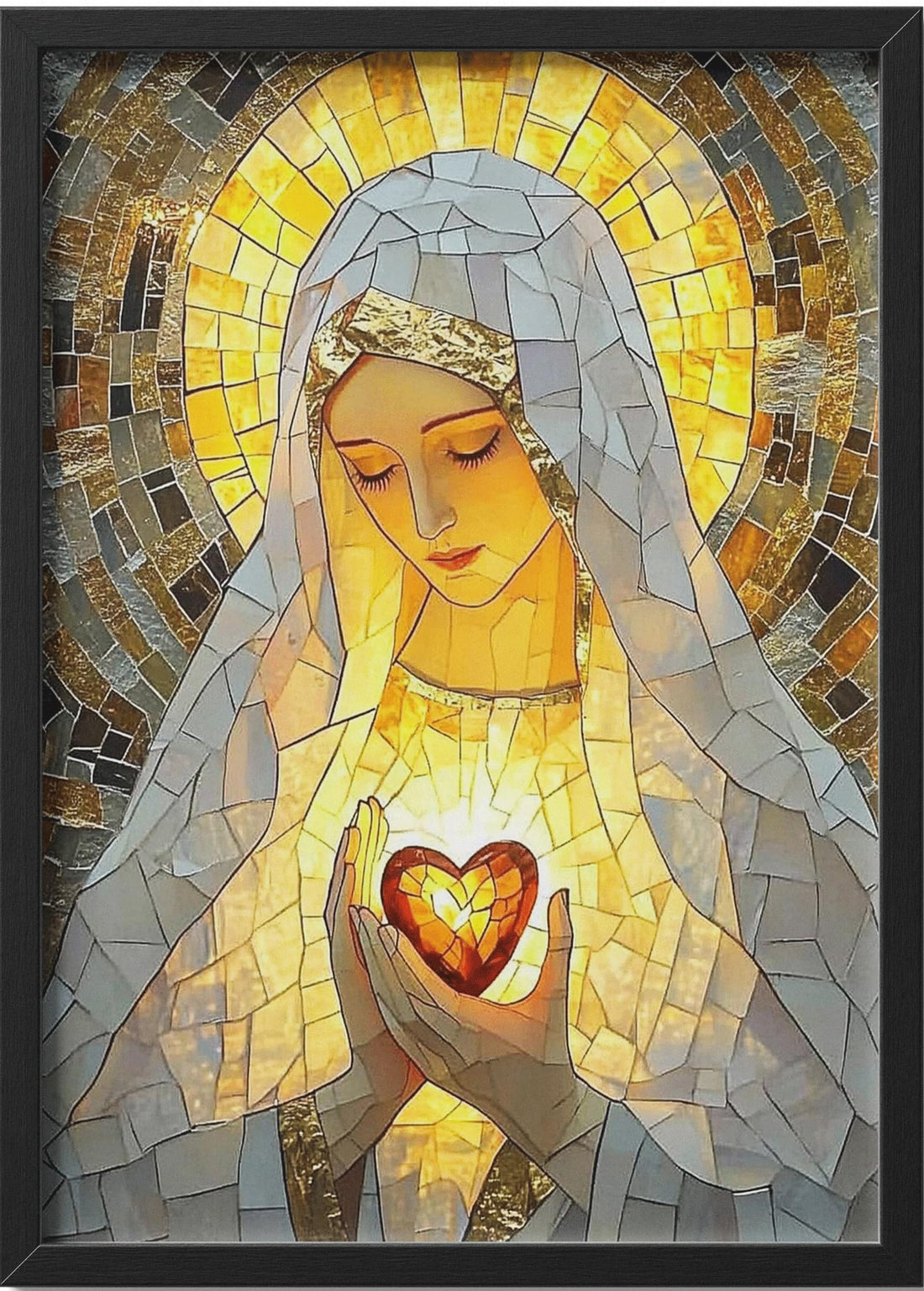 Virgin Mary Mosaic Art Portrait – Spiritual Fine Art Print with Black Frame – 40×30 cm Wall Art