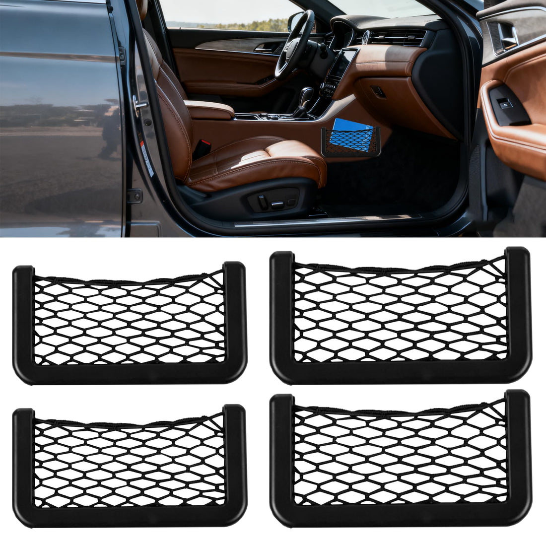 4 Pcs Black Storage Net Bag Car Storage Pocket, Smartphone Holder Organiser with Plastic Frame, Super Strong 3M Adhesive, Use as a Car Mask Holder