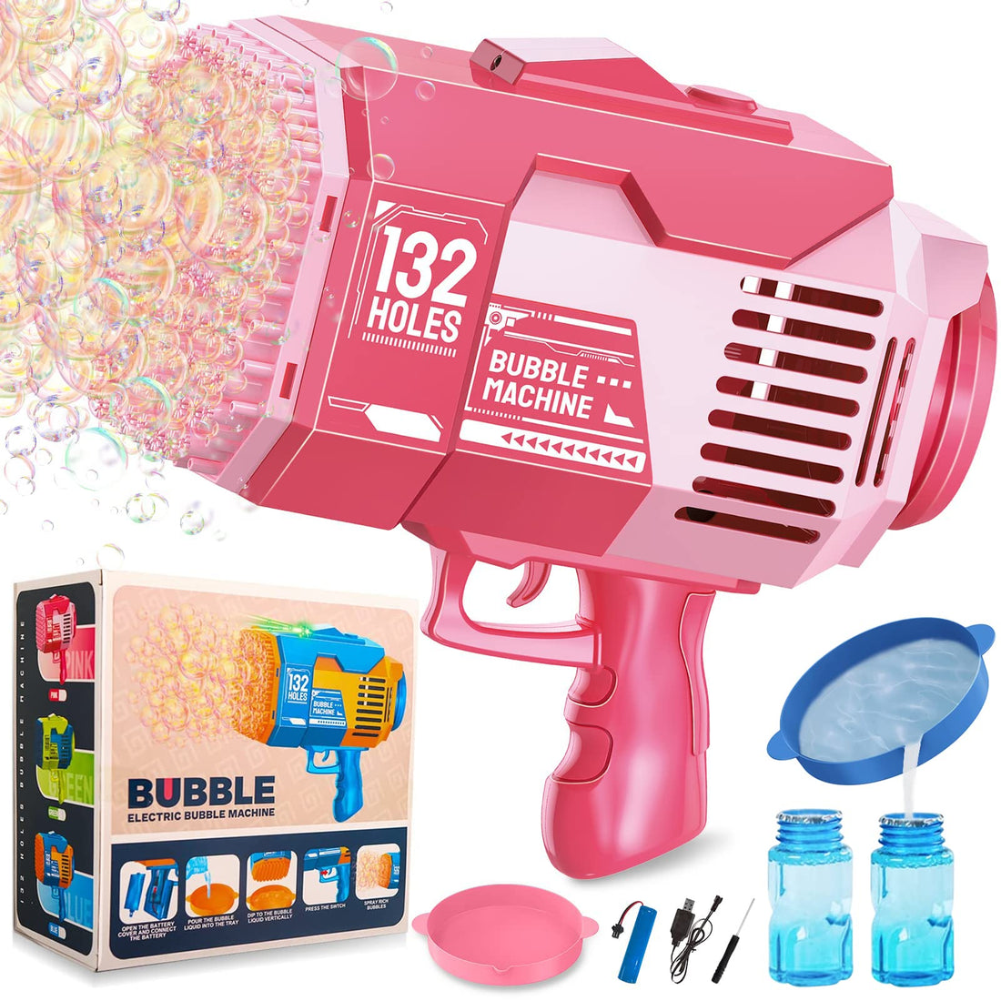 Bubble Machine, 132 Holes Bubble Gun, Bubble Machine Gun with Lights/Bubble Solution, Summer Toy Gift for Toddlers Kids Adults Bubble Blaster for Outdoor Indoor Birthday Wedding Party