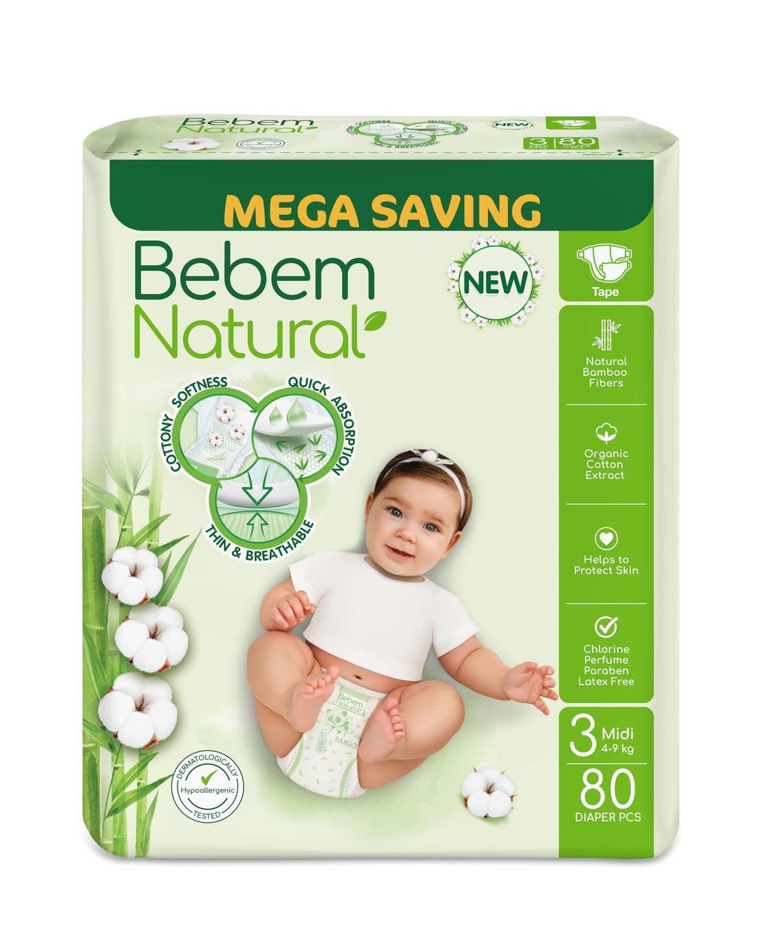 Bebem Natural Baby Diapers Open Diapers Size 3 (4kg-9kg), Jumbo Pack, 80 Units, Organic Cotton & Bamboo Fibers
