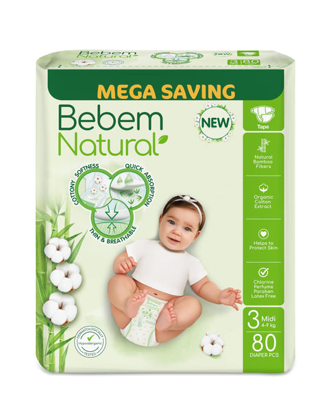 Bebem Natural Baby Diapers Open Diapers Size 3 (4kg-9kg), Jumbo Pack, 80 Units, Organic Cotton & Bamboo Fibers
