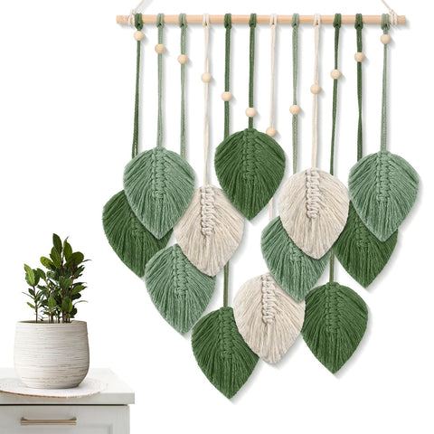 ASMPCUE Macrame Wall Hanging, 20 X 27.5 Inch Boho Wall Decor Living Room Art Feather Tapestry Leaves, Handmade Yarn Tassels Decorations with 12 Leaves for Bedroom,Green