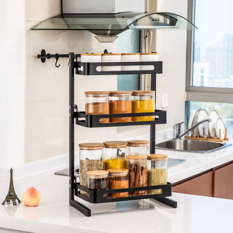 TOLEAD 3 Tier Spice Rack Kitchen Counter Organizer for Essential Oils Steady Bathroom Organizer with 4 Suction Pads Large Capacity Hold Up to 66 LBS, Black