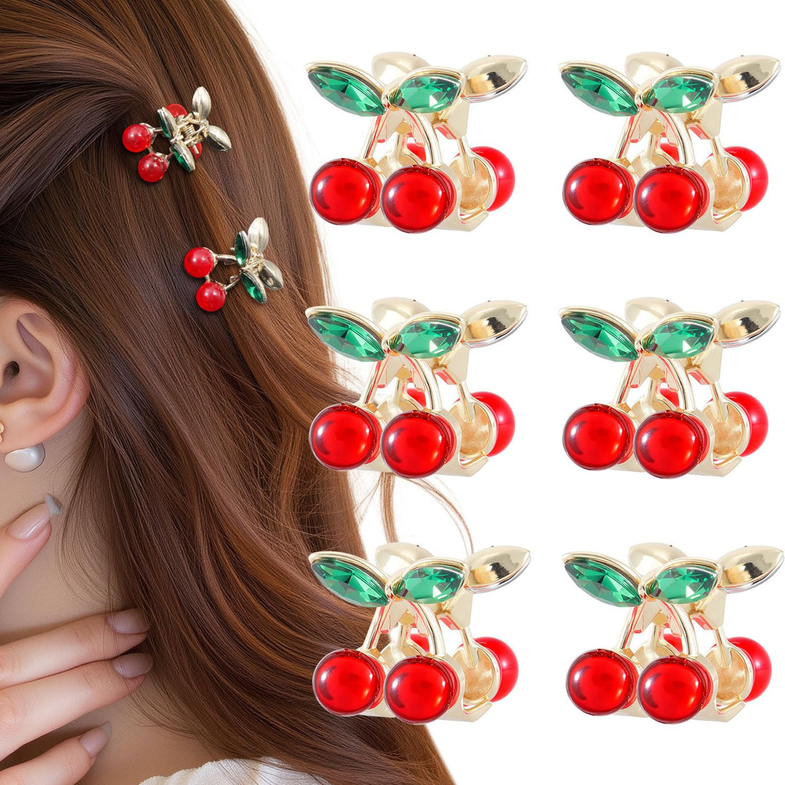 6PCS Rhinestones Cherry Small Hair Clips-Mini Claw Clips for Women, Metal Springs, Cute Hair Accessories for Updo and Half Up Styles (Green Cherry)