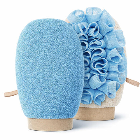 2in1 Exfoliating Gloves for Shower - Double Sided Body Scrub Mitt with Bath Sponge & Exfoliator for Dead Skin Removal, Skincare Routine, Smooth Skin - Blue(1-Pack)