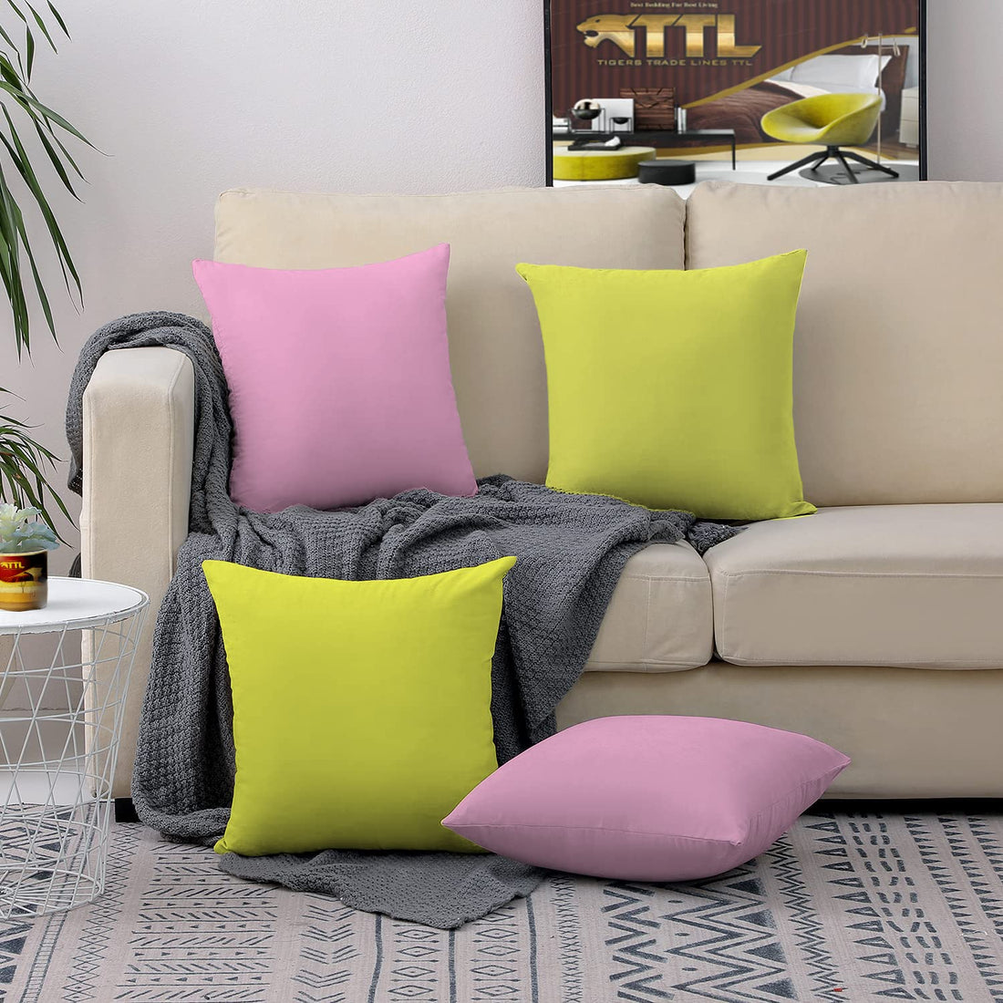 Tigers Trade Lines 4 Piece Cushion Cover Set for One Color Splitation Without Insert (Canary Yellow, 50cm*50cm)