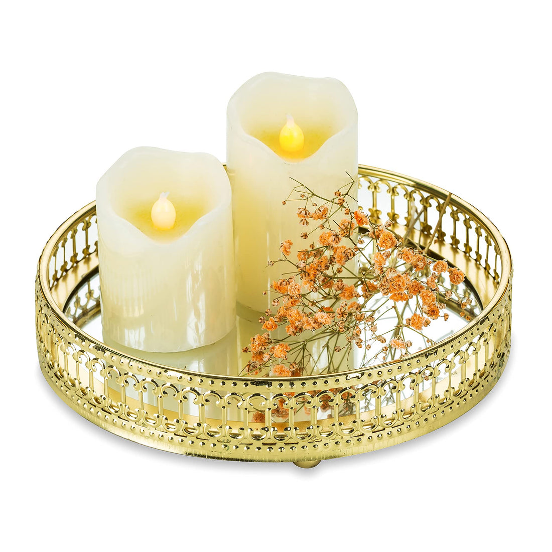 Romadedi Decorative Mirror Candle Holder Tray - Gold Metal Display Round Plate, Antique Organizer Tray Home Decor Accessories for Dining Table Centerpiece Coffee Table, 17cm