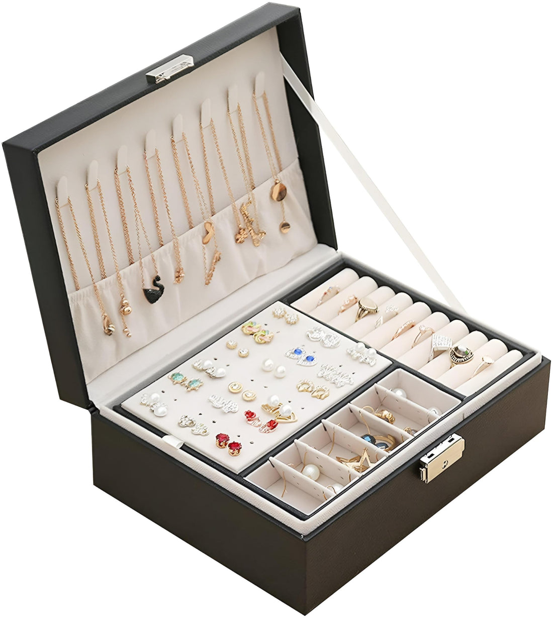 Accessory Holder - Versatile Jewellery and Watch Storage Box, Double-Layer Design with Multiple Compartments, Sophisticated and Practical, 23 x 17 x 9 cm, Black