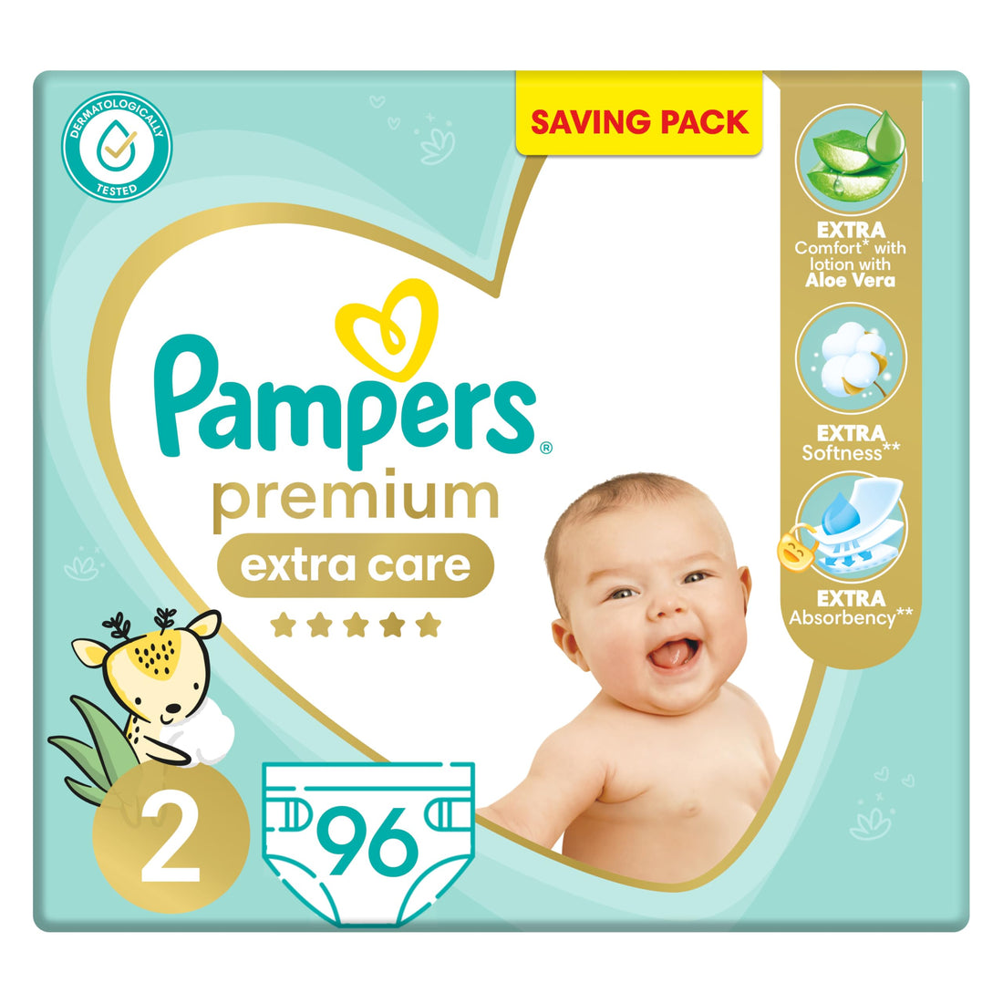 Pampers premium extra care diapers, size 2, 3-8 kg, with lotion with aloe vera, 96 baby diapers