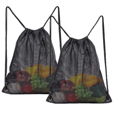 2 Pack Net Bag, 40 X 45 Cm Mesh Drawstring Net Beach Tote Bag Mesh Beach Bag Drawstring Backpacks for Gym/Laundry/Beach/Gym/Clothes/Travel/Swimming, Black, M