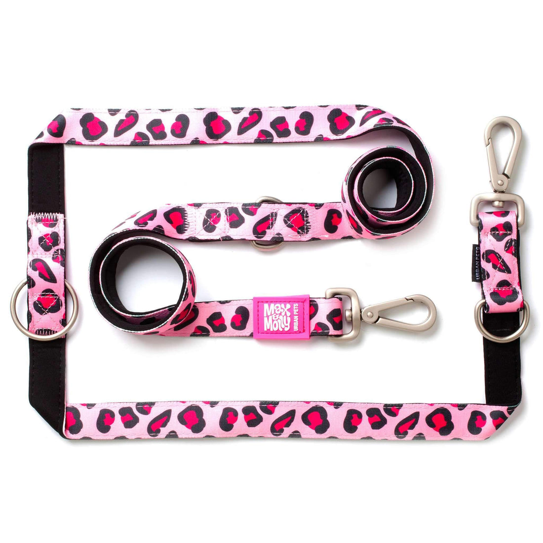 Max & Molly 6-in-1 Hands Free Multi-Function Dog Leash, Ultra Soft Padded Neoprene, Pink Leopard L