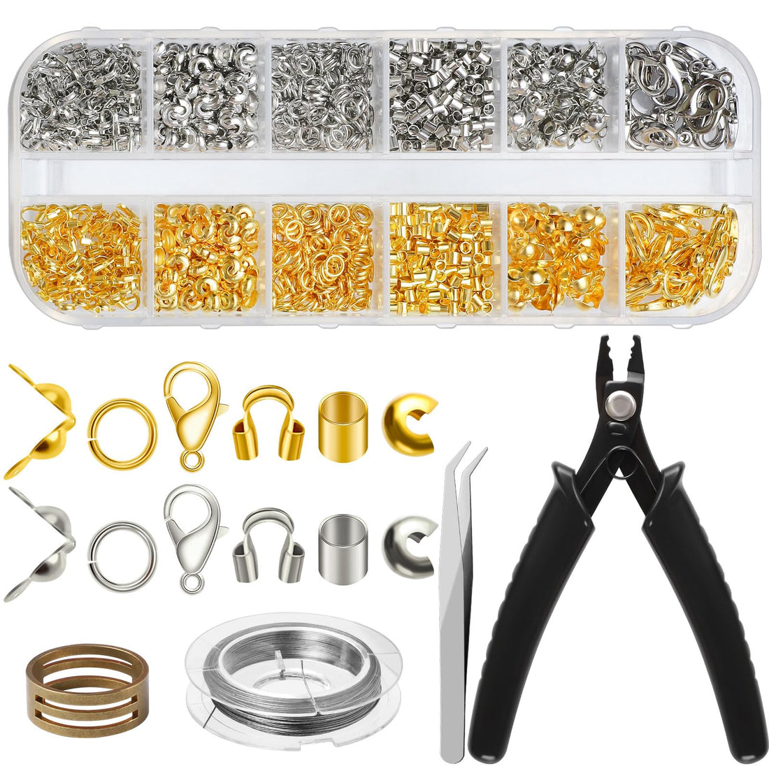 WSICSE 1644 Pcs Jewelry Making Kit, Crimp Beads, Covers, Tubes, Wire Guardians, Lobster Clasps, Jump Rings, Modern Style, Alloy Steel, Lightweight, Adult, Female, All Seasons