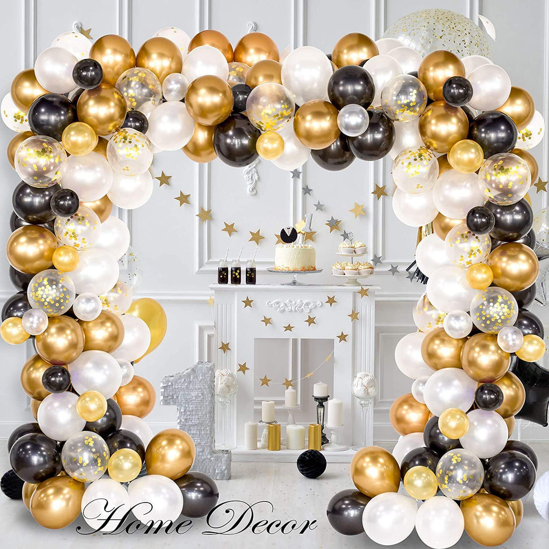 Beauenty 120Pcs Balloon Arch & Garland Kit Black gold series,Gold Confetti and Metal Latex Balloons with 1pcs Tying Tool, Balloon Strip Tape and Glue Dots for Wedding Birthday Grad Party Decor