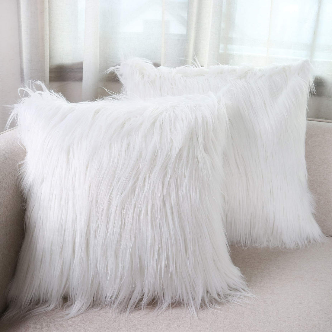 Faux Fur Throw Pillow Covers 20x20 Inch Home Decor Luxury Long Fur Mongolian Soft Square Cushion Cover 100% Polyester Floor Pillowcase for Couch 50x50cm, Bright White, 2 Pieces