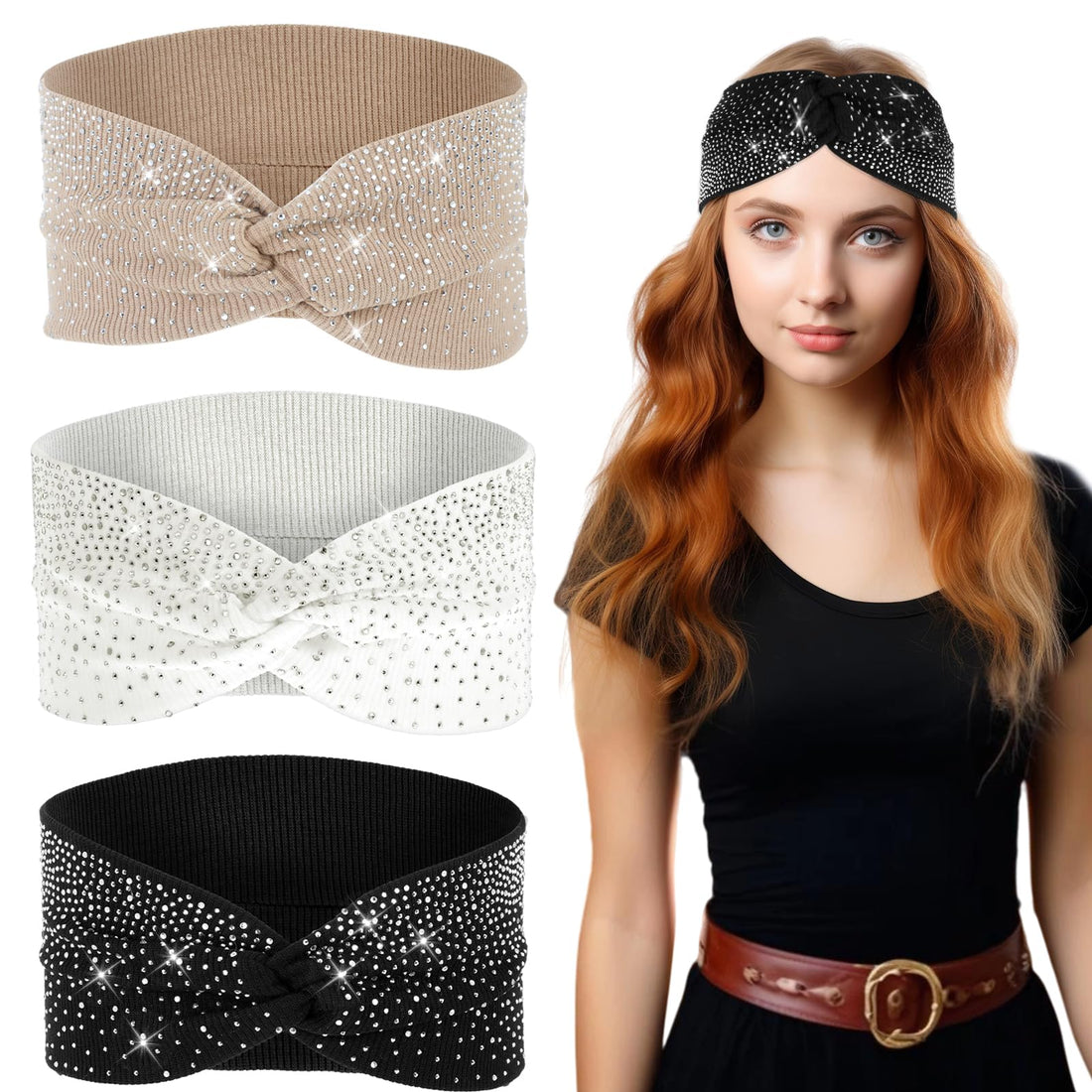 3Pcs Glitter Head Scarf,Sparkly Crystal Bling Headbands with Stretchy,Fancy Headbands for Women Glitter Headband Rhinestone Turban Head Scarf Non Slip Sports Hair Wraps for Women Workout Yoga Exercise