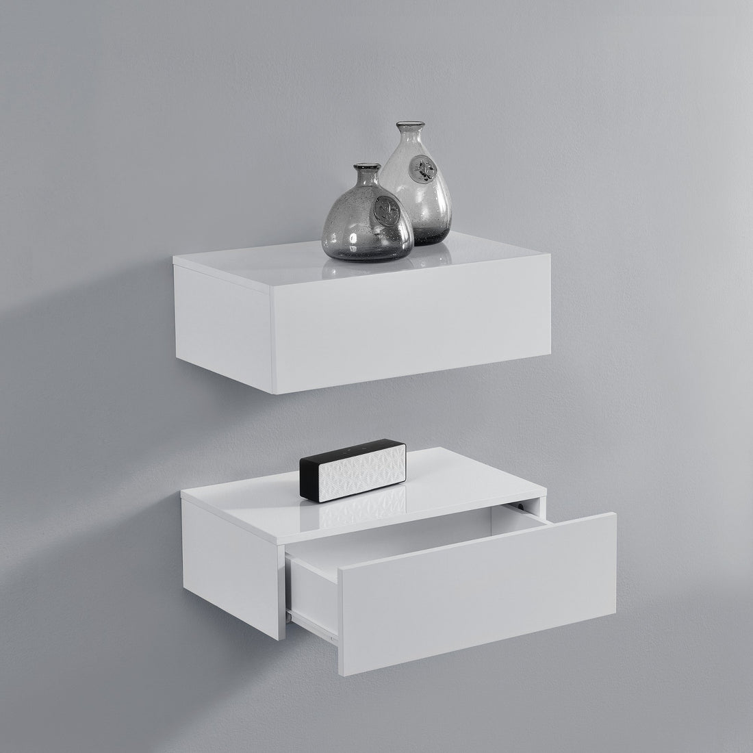[en.casa] Wall Shelf with Drawer Set of 2 White High Gloss 46 x 30 x 15 cm