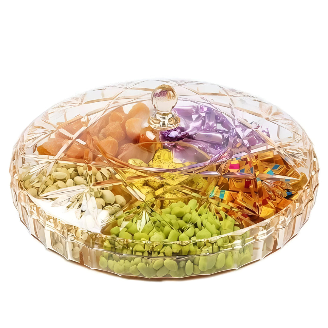 Serving plate-a luxurious clear acrylic serving bowl with several sections and a lid, ideal for occasions and celebrations to save and serve sweets, nuts and biscuits in style