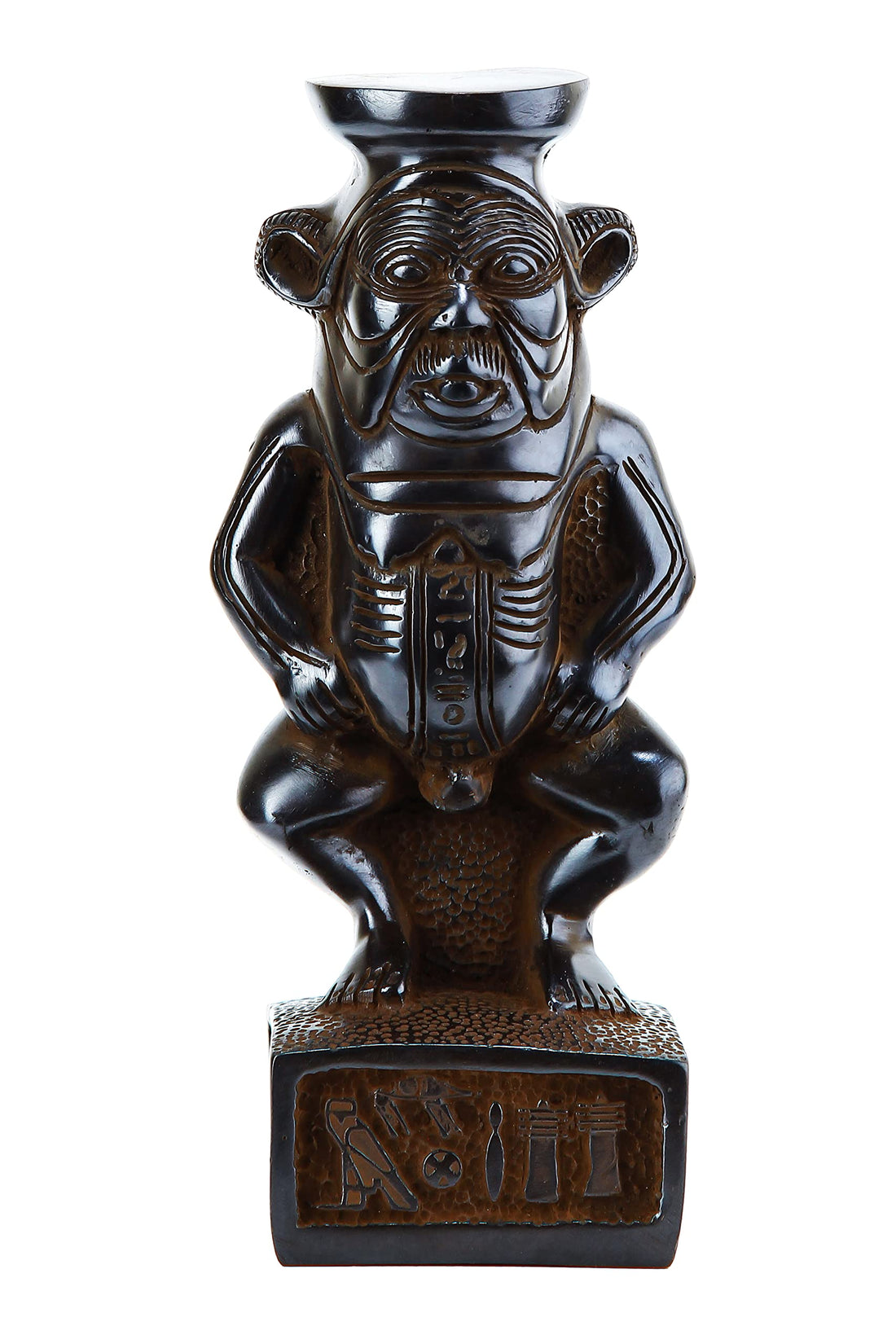 Ancient Egyptian statue of Bes, a minor god of ancient Egypt, represented as adwarf with large head, goggle eyes, protruding tongue, bowlegs, bushy tail Black solid stone made in Egypt.
