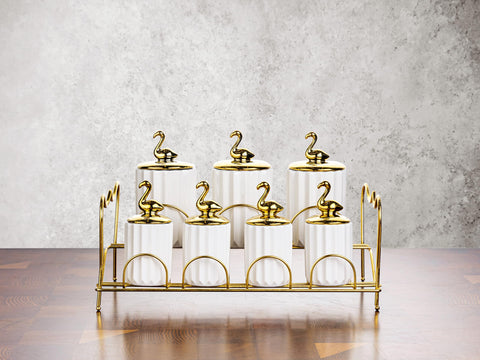 Lotus Porcelain Flamingo Spice Set 8 (4 Small Spice Pieces + 3 Large Pieces + 1 Piece Stainless Holder) 7013#1