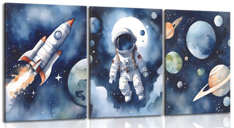 3Pcs Nursery Astronaut Wall Art Kids Space Planets Theme Canvas Painting Rocket Spaceman Wall Decor Explore Dream Galaxy Poster Prints Funny Outer Space Picture for Boys child Bedroom Living Framed