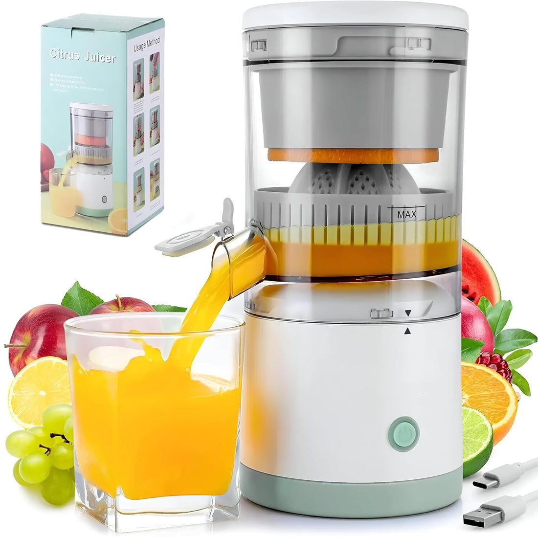 Electric Fruit Juicer - Powerful Fruit Juicer with USB Charging Cable, Perfect for Orange and Lemon Juice, Perfect for Citrus, Apple, Grapefruit, Pear.