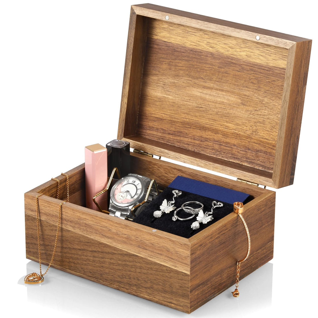 DRASTAR Keepsake Box, Acacia Wood Memory Box with Hinged Lids, Wooden Jewelry Box, Small Storage Box, Bridal Shower Gifts Box,3x5, 4x6 Card Box, Decorative Box