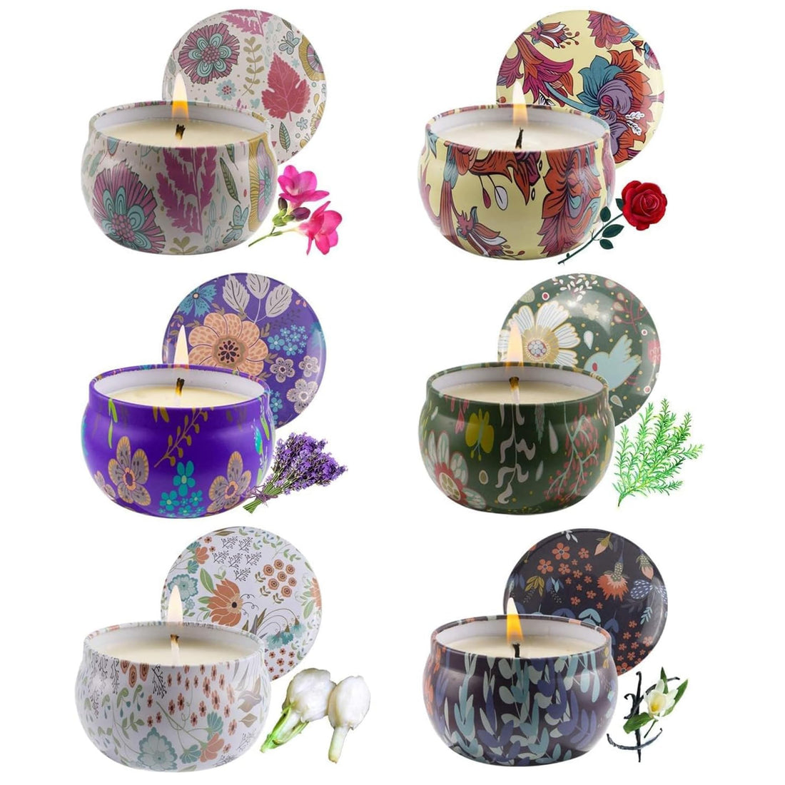 Set of Aromatherapy Scented Soy Wax Candles in Portable Travel Tins, Featuring Rose, Lavender, Vanilla, and Other Natural Fragrances for Stress Relief