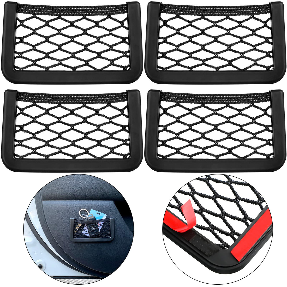 Hicarer 4 pieces car storage organizer 6 x 3.2 inch net bag mesh pocket organizer car string bag car seat side storage back stick on for purse phone holder pocket organizer