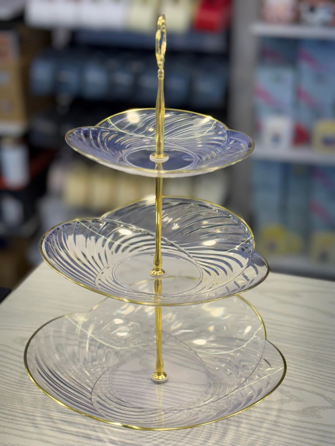 3 Tier Clear Plastic Serving Plate with Gold Edges, Gold Metal Stand, Embossed Design, for Serving Desserts and Cakes