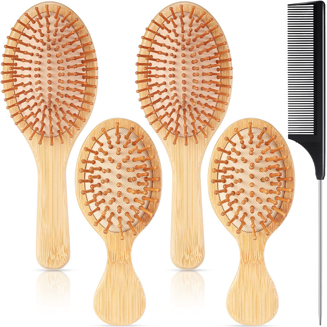 Patelai 5 Pieces Bamboo Hair Brushes Set With Bamboo Paddle Hair Brush Paddle Detangling Brush Wooden Hairbrush Massage Scalp Mini Travel Size Brush and Rat Tail Combs for Women Men and Kids