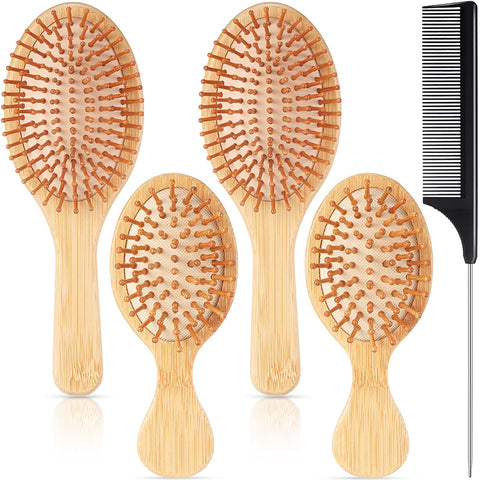 Patelai 5 Pieces Bamboo Hair Brushes Set With Bamboo Paddle Hair Brush Paddle Detangling Brush Wooden Hairbrush Massage Scalp Mini Travel Size Brush and Rat Tail Combs for Women Men and Kids