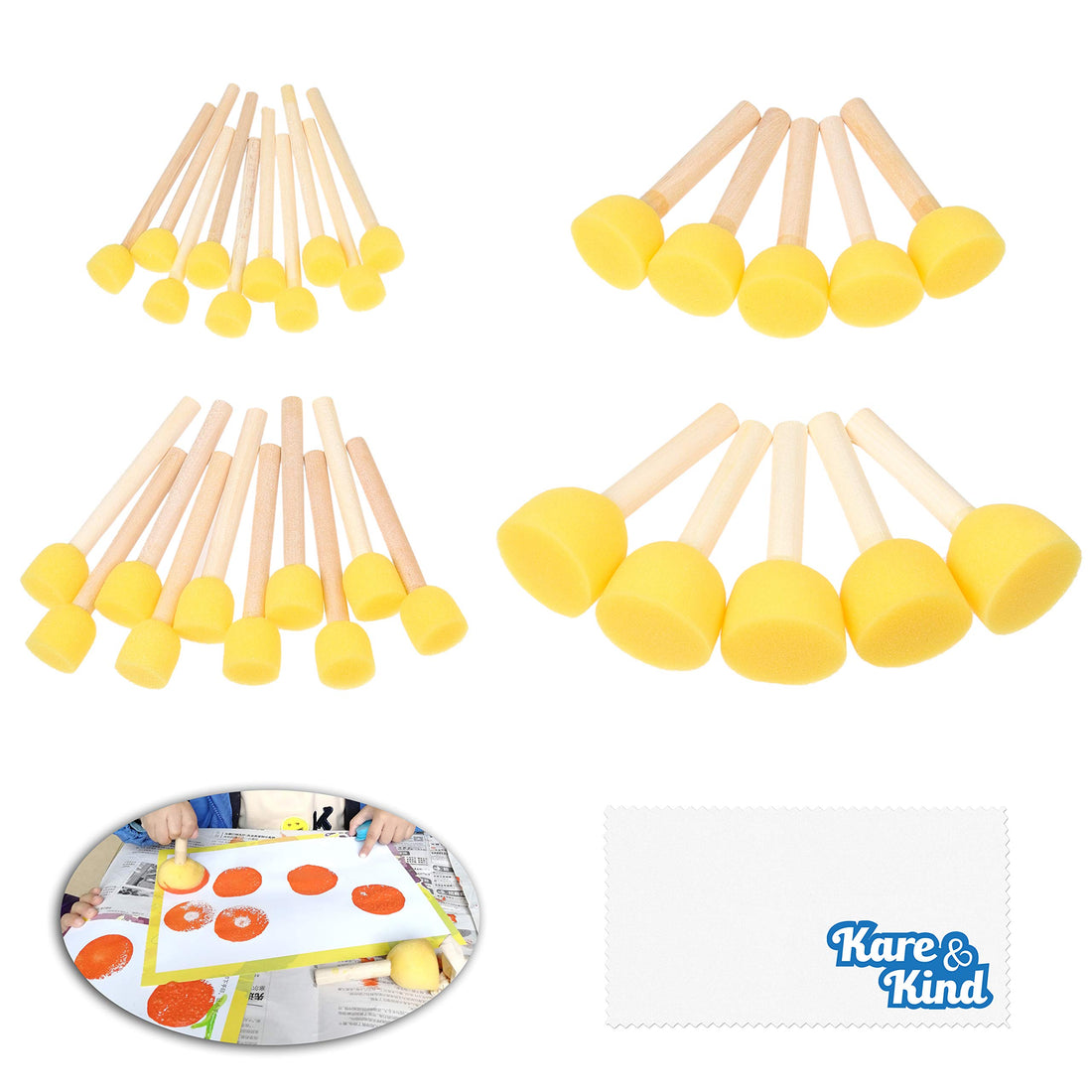 30 Pcs Round Sponge Brush Set Paint Tools for Arts, Crafts, Stencils, Graffiti - Assorted Sizes - Foam Brush and Wooden Handle