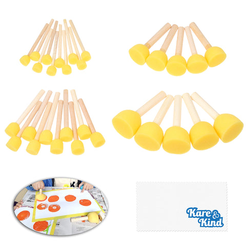 30 Pcs Round Sponge Brush Set Paint Tools for Arts, Crafts, Stencils, Graffiti - Assorted Sizes - Foam Brush and Wooden Handle