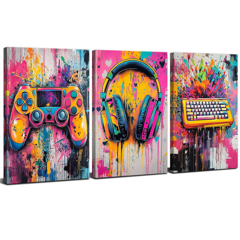 Gaming Wall Art for Boys Bedroom Colorful Game Sign Pictures Gamer Wall Decor Watercolor Abstract Graffiti Paintings Canvas Prints Video Games Posters Artwork Bathroom Decorations 12x16" 3Pcs Gifts