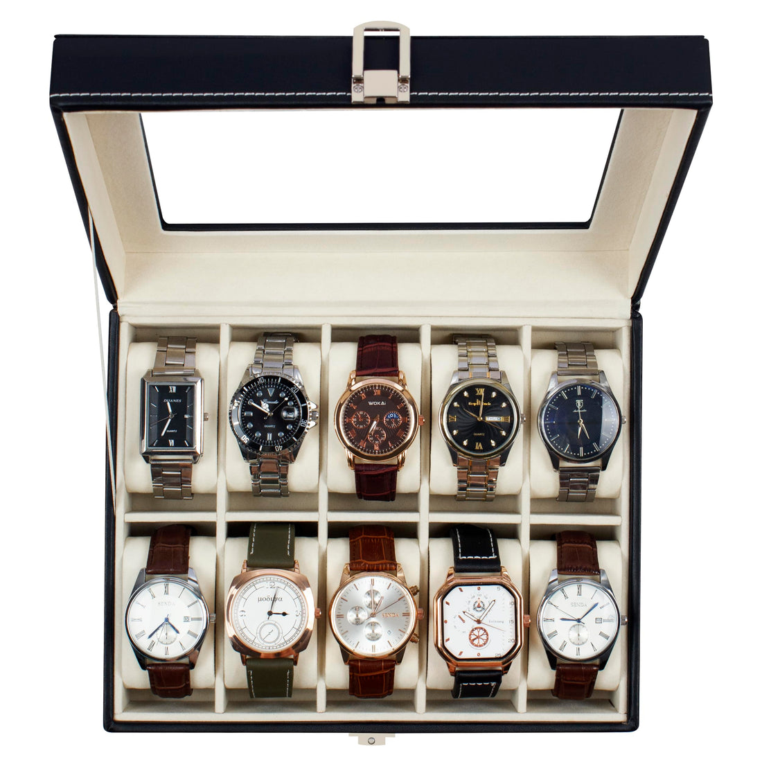 GUKA BEGHOME Watch Box 10 Slot Display Case Organizer Glass Storage with Pu Leather for Men and Women