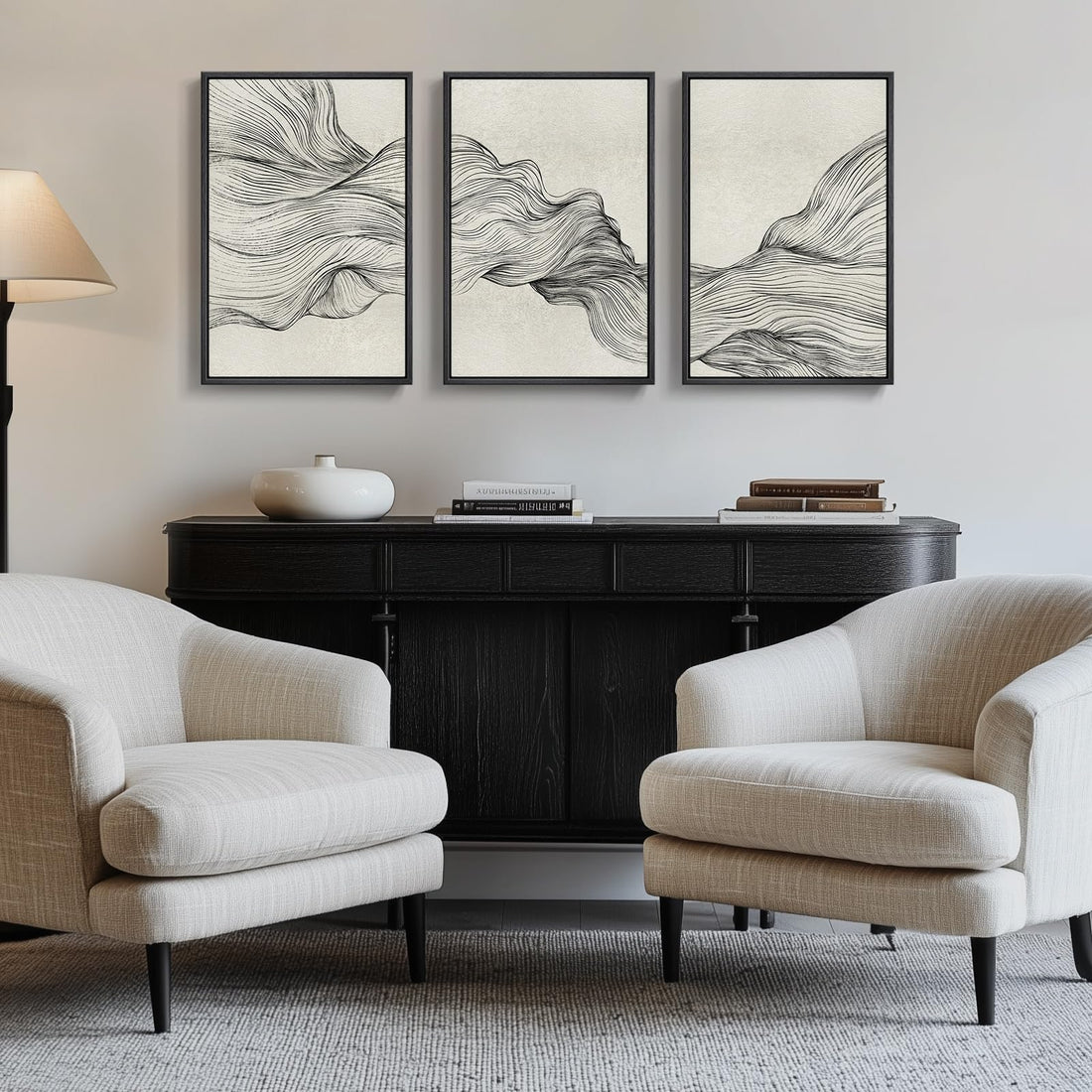 Framed Black and Beige Abstract Wall Art, 3 Piece Modern Canvas Prints Paintings Artwork for Walls, Minimalist Abstract Line Pictures for Living Room Dining Room Bedroom Office Wall Decor 16x24 In