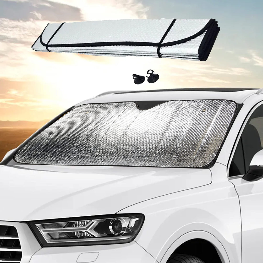 Car Windshield, Car Sun Shade Indoor Foldable with Elastics and Suction Cups, Car Sun Covers Against UV Rays, Windshield Sunshade, (130 x 60)