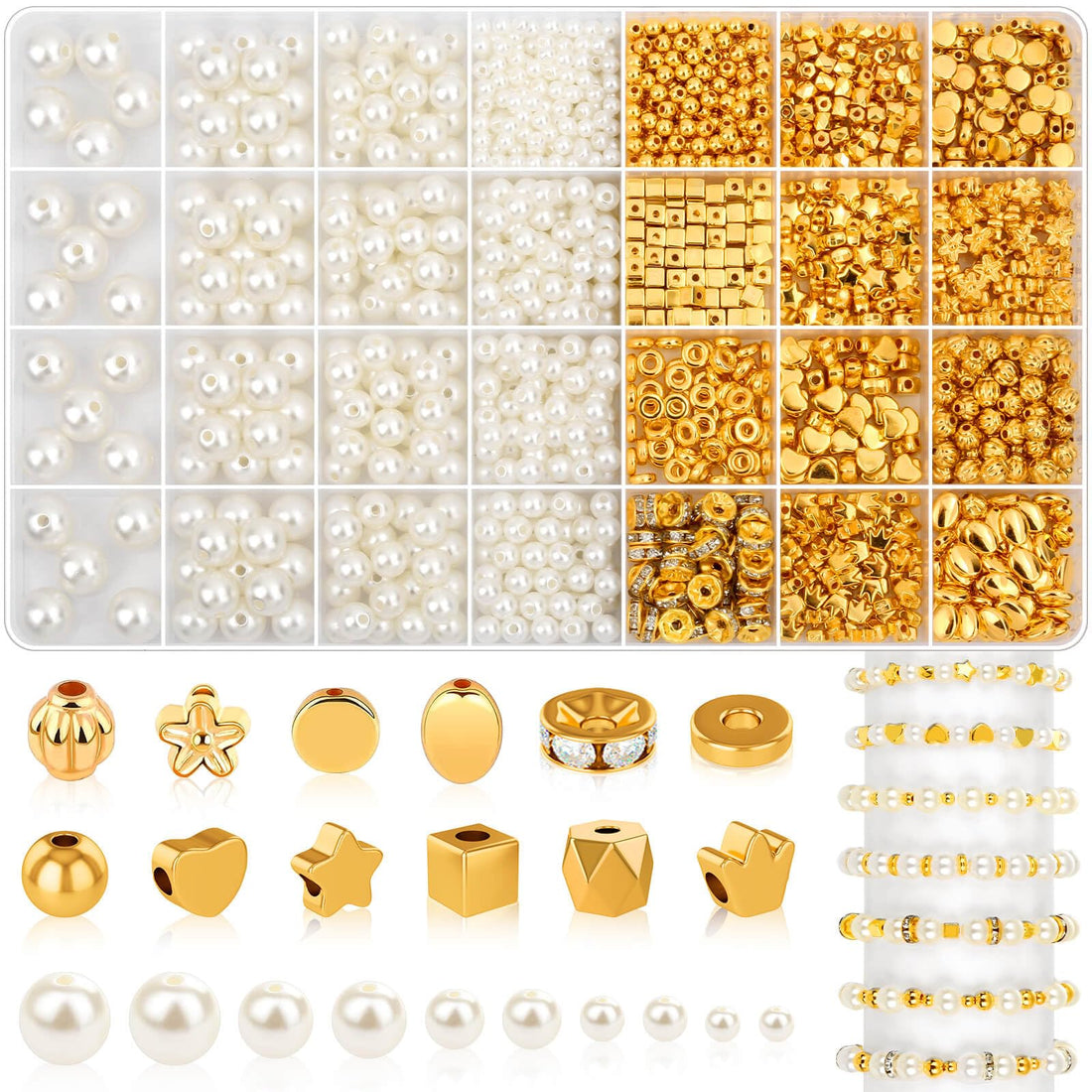 shynek 1352 Pieces Gold Spacer Beads and Pearl Beads for Bracelets, Assorted Gold Beads, Pearls for Bracelet Jewelry Making