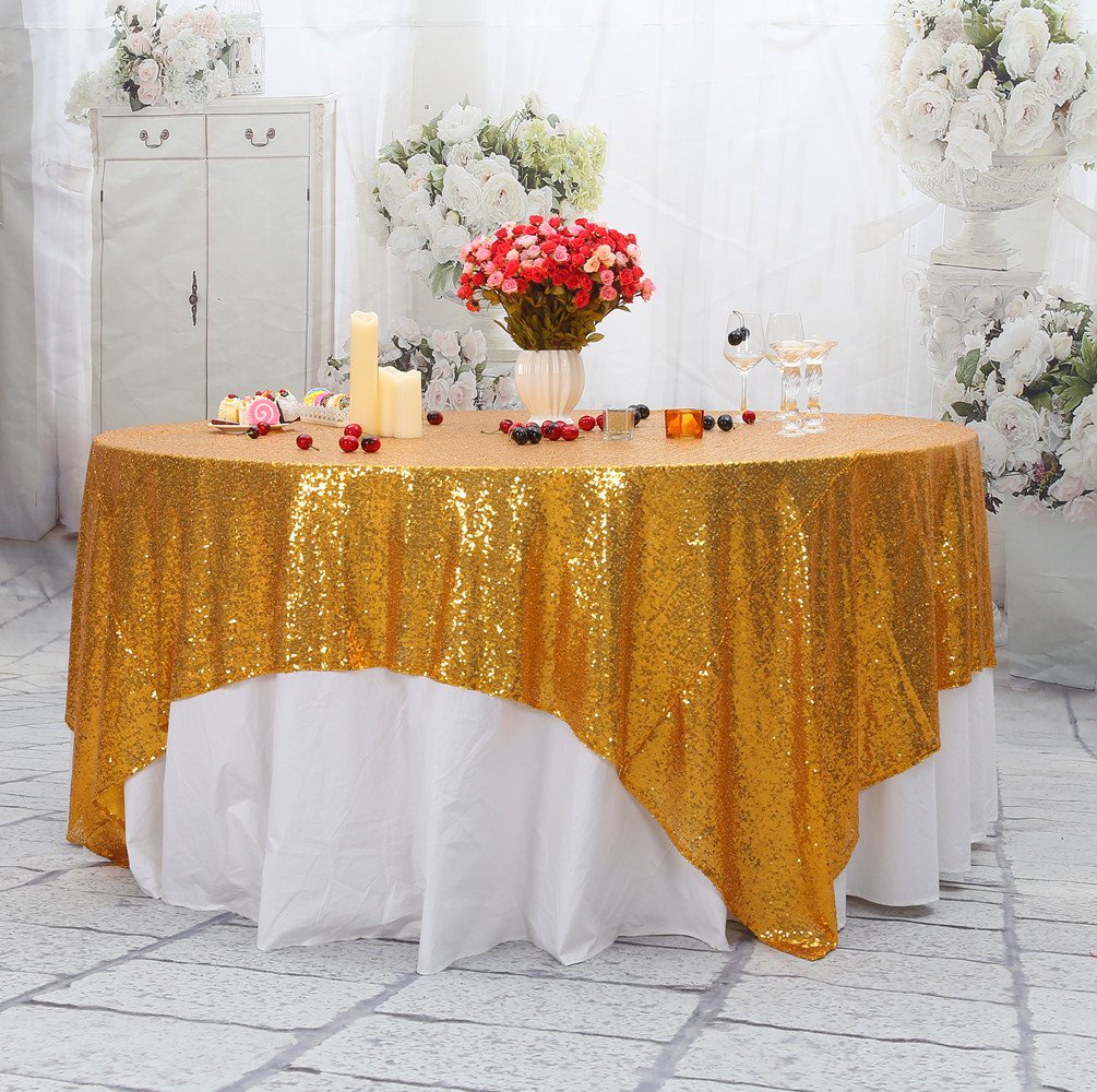 PartyDelight Sequin Tablecloth, Christmas Tree Skirt, Sequin Table Overlay, Square, 70"x70", Gold