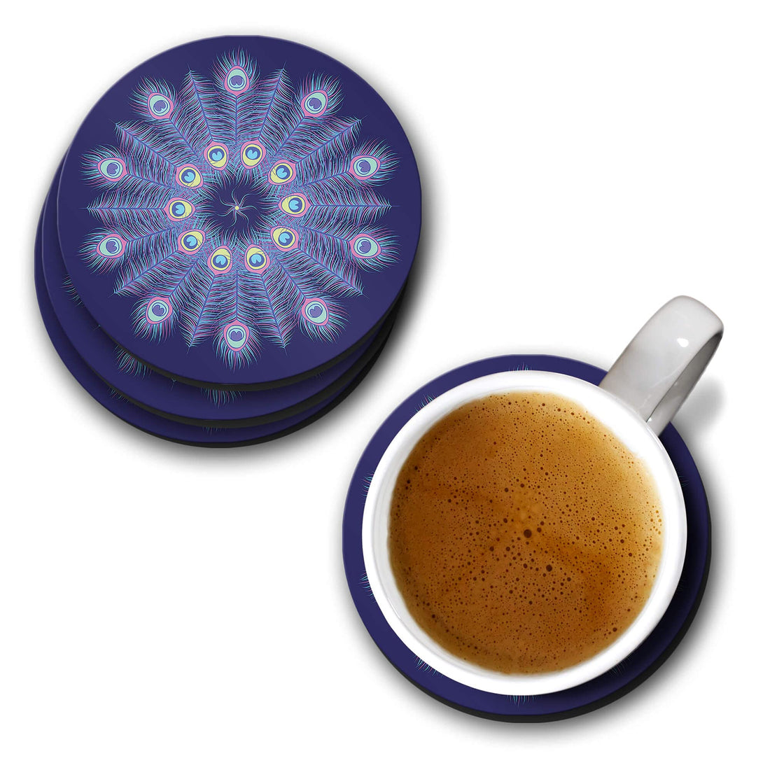 YuBingo Coasters for Dinner Table - Peacock Feather Mandala (MDF, Set of 4, 9.5x9.5 Cm, Round)
