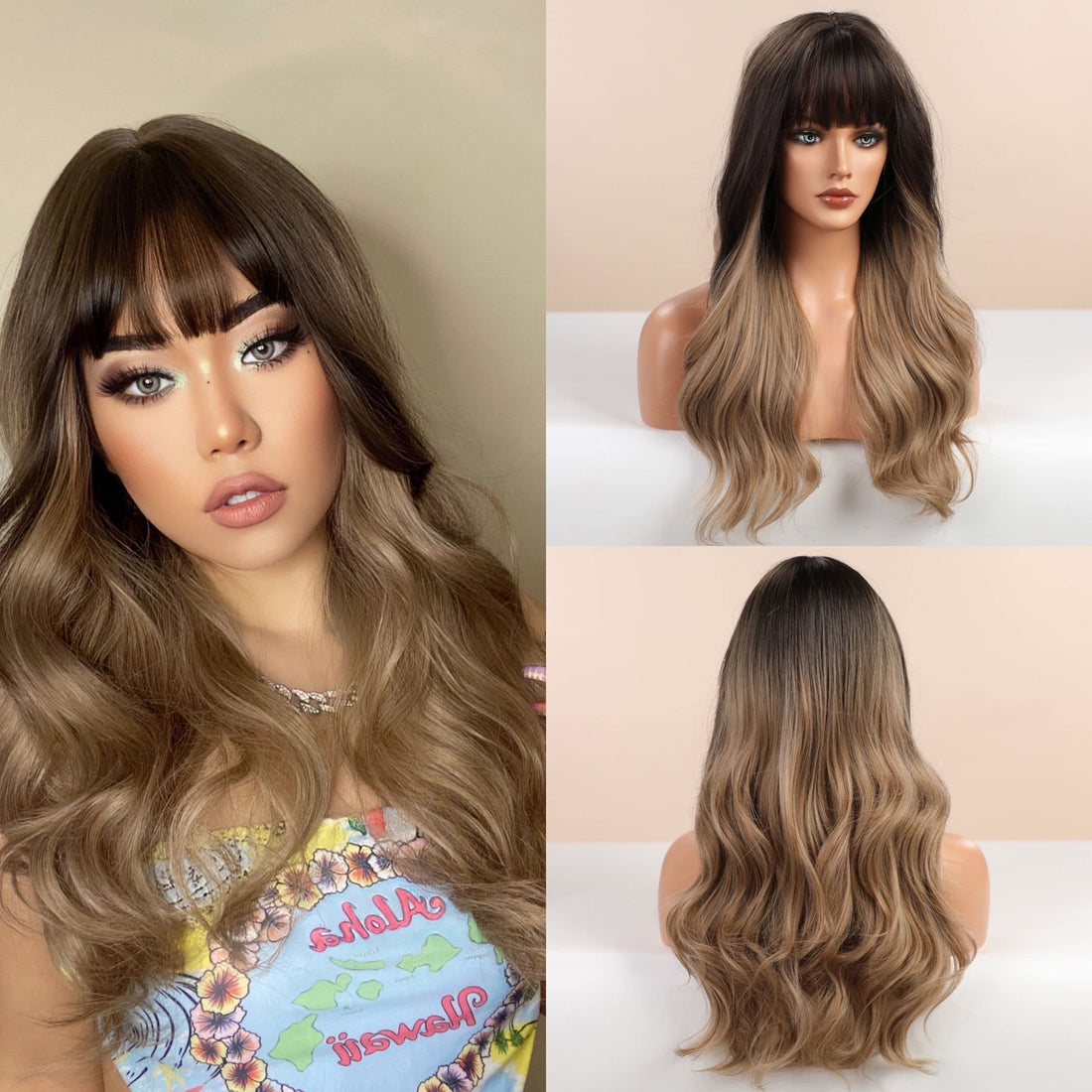 Long Wig with Bangs Natural Wavy Wigs for Women Ombre Brown to Blonde with Dark Roots Heat Resistant Hair Long Wigs for Daily Party(Ombre Dark Blonde)