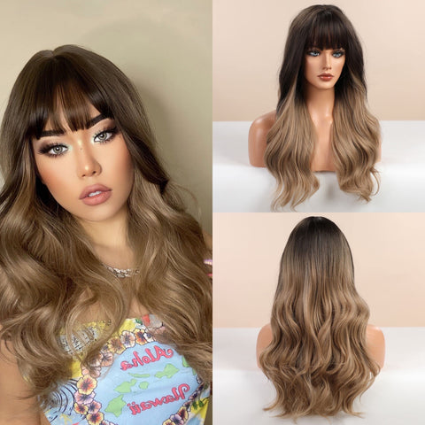 Long Wig with Bangs Natural Wavy Wigs for Women Ombre Brown to Blonde with Dark Roots Heat Resistant Hair Long Wigs for Daily Party(Ombre Dark Blonde)
